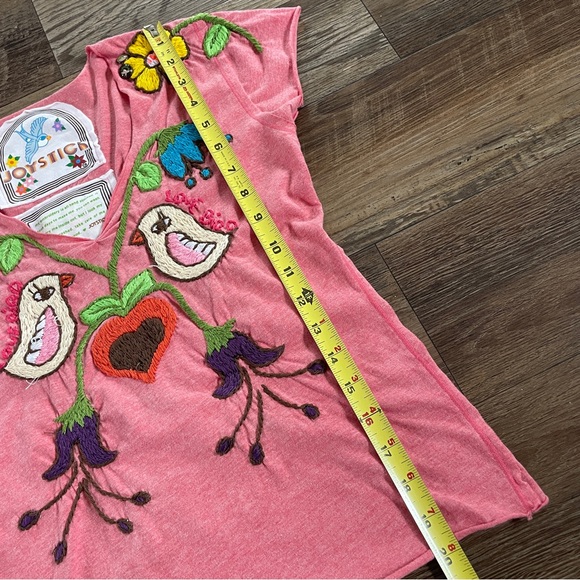 Y2K Joystick boho floral bird embroidered tshirt S - Picture 5 of 7